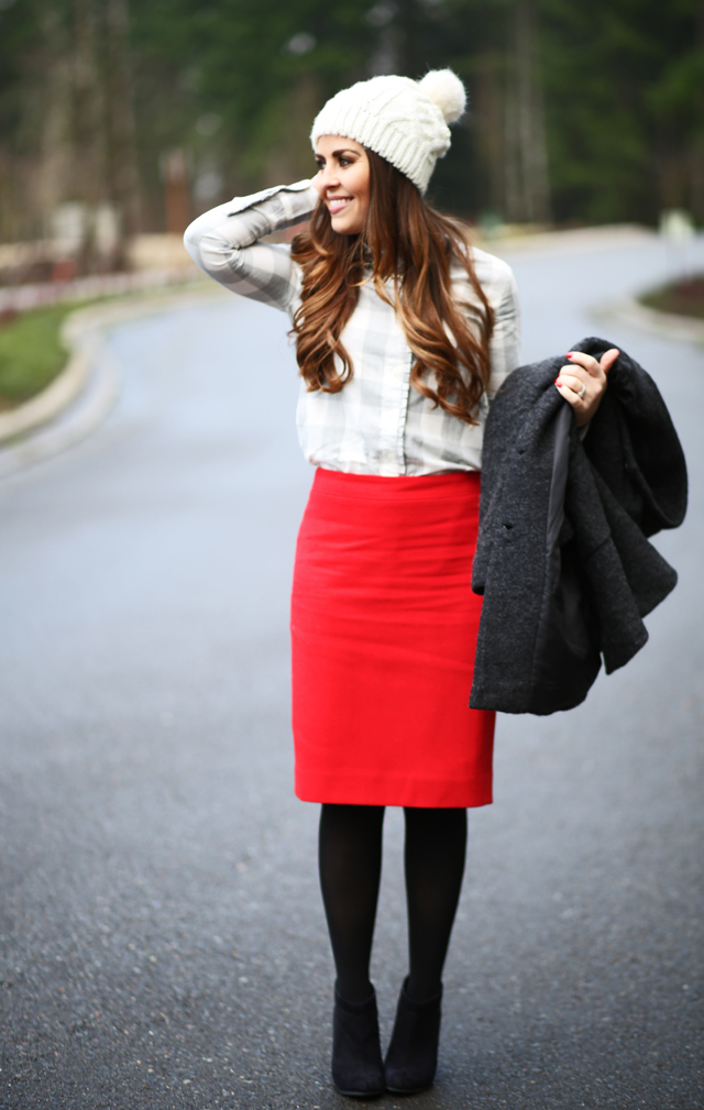 gray buffalo check white pom beanie red skirt